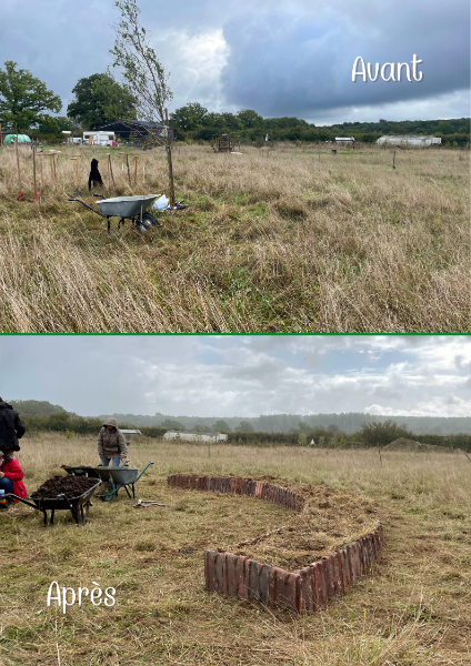 Création d'une parcelle de potager, comparaison de avant et après. En haut, la photo avant : une prairie en friche. Après : une bande de potager en permaculture en arc de cercle, bordé de tuiles. 