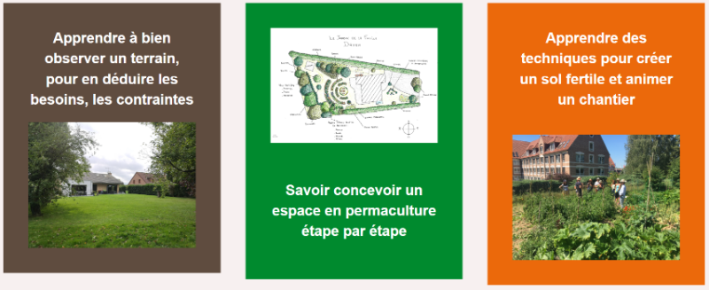 3 éléments abordés lors du stage de formation à la permaculture : Apprendre à bien observer un terrain, pour en déduire les besoins, les contraintes ; Savoir concevoir un espace en permaculture étape par étape ; Apprendre des techniques pour créer un sol fertile et animer un chantier